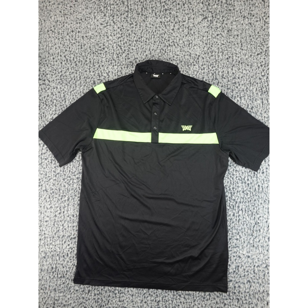 PXG Golf Polo Mens Large‎ Black Neon Green Ribbed Performance Short Sleeve Shirt